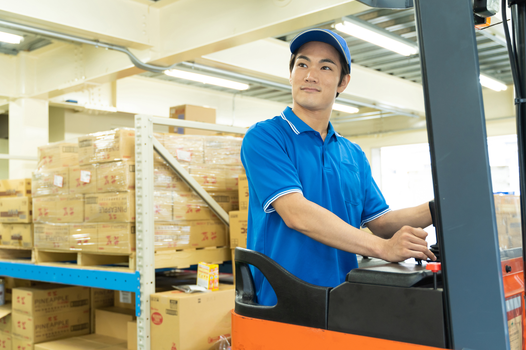 フォークリフトを丁寧に点検する整備士